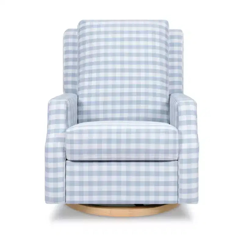 Namesake Crewe Electronic Recliner and Swivel Glider - Blue Gingham with Light Wood Base