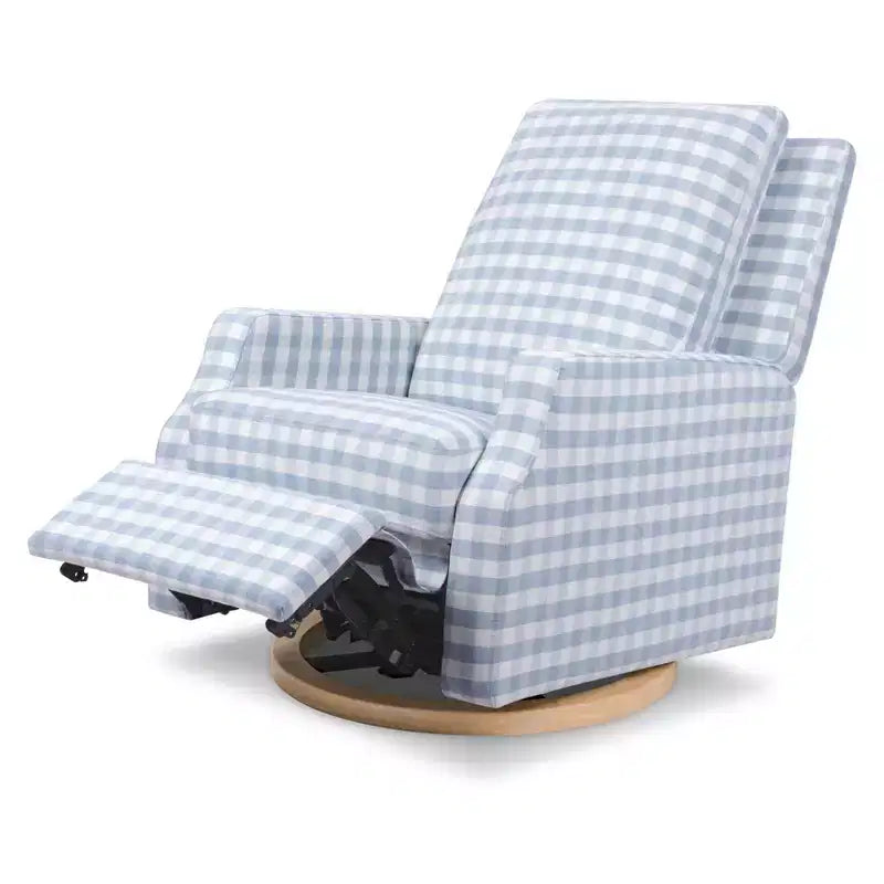 Namesake Crewe Electronic Recliner and Swivel Glider - Blue Gingham with Light Wood Base