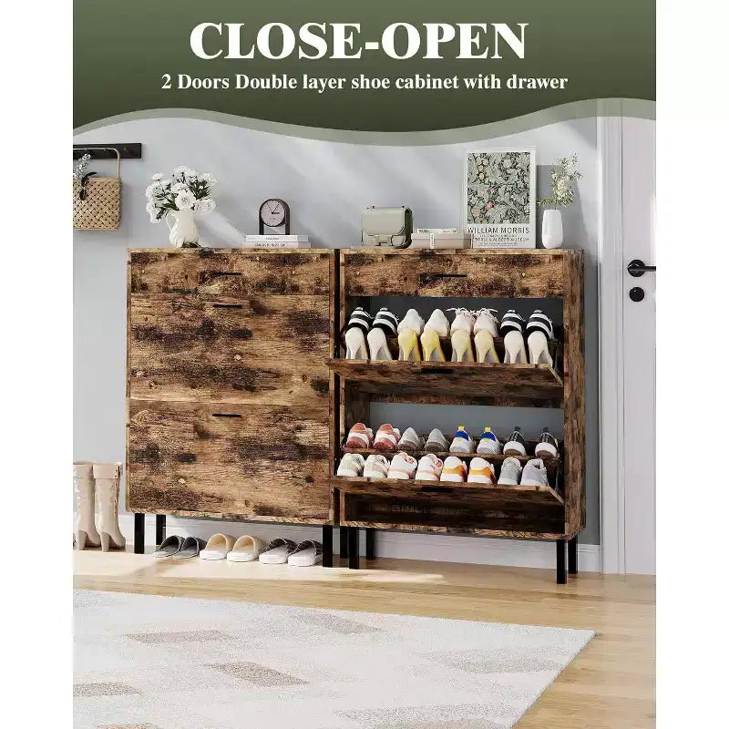 Shoe Storage Cabinet with Dual Flip Drawers, Space-Saving Shoe Organizer for Entryway, Hallway, or Mudroom