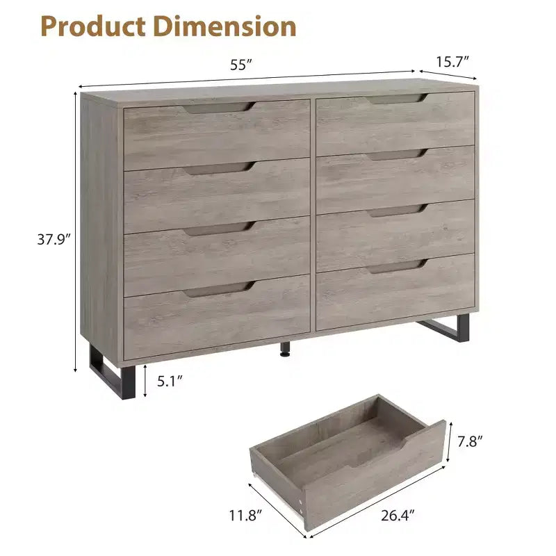 Commode Garvee 8 tiroirs pour chambre à coucher, commode de 140 cm de large, tiroirs horizontaux indépendants avec rangement, commode de rangement en bois pour chambre à coucher