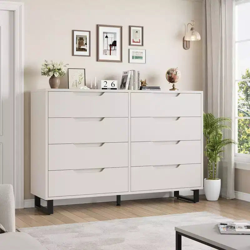 Commode Garvee 8 tiroirs pour chambre à coucher, commode de 140 cm de large, tiroirs horizontaux indépendants avec rangement, commode de rangement en bois pour chambre à coucher