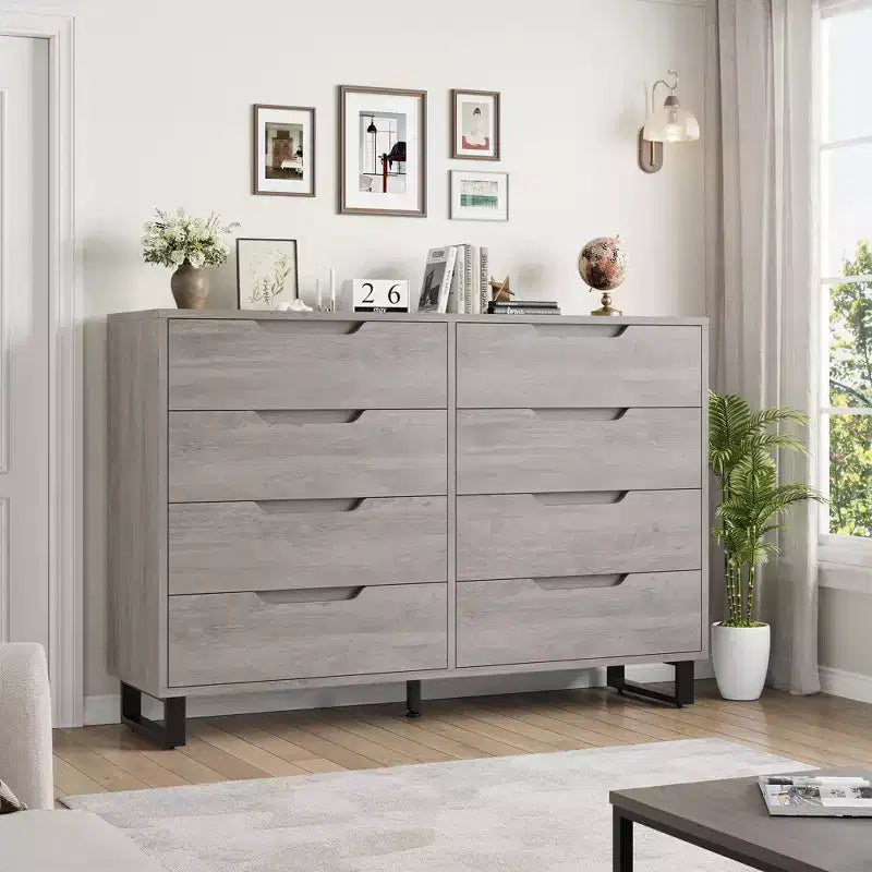 Commode Garvee 8 tiroirs pour chambre à coucher, commode de 140 cm de large, tiroirs horizontaux indépendants avec rangement, commode de rangement en bois pour chambre à coucher