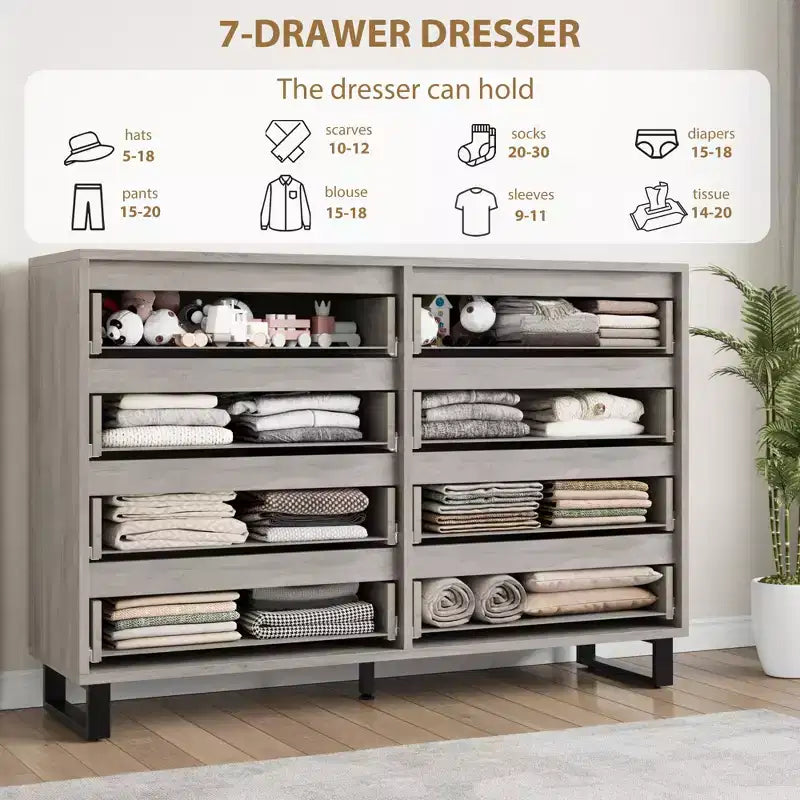 Commode Garvee 8 tiroirs pour chambre à coucher, commode de 140 cm de large, tiroirs horizontaux indépendants avec rangement, commode de rangement en bois pour chambre à coucher
