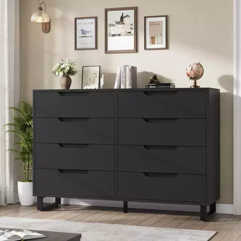 Commode Garvee 8 tiroirs pour chambre à coucher, commode de 140 cm de large, tiroirs horizontaux indépendants avec rangement, commode de rangement en bois pour chambre à coucher