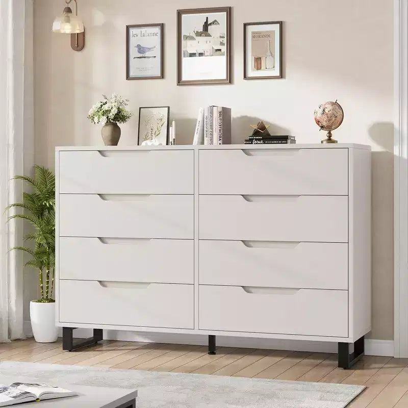 Commode Garvee 8 tiroirs pour chambre à coucher, commode de 140 cm de large, tiroirs horizontaux indépendants avec rangement, commode de rangement en bois pour chambre à coucher