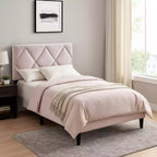 Royal Hampton Full Bed, Tufted Light Pink Velvet Upholstery, Diamond Stitch