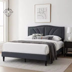 Royal Hampton Queen Size Bed, Charcoal Gray Burlap Upholstered Curved Headboard