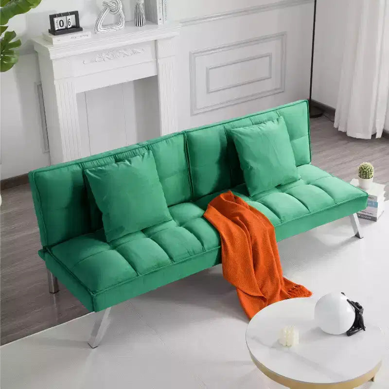 MAYEERTY 67.7 Futon Sofa Bed - 5-Position Adjustable Backrest, Velvet Upholstery, Tufted Design, 2 Pillows