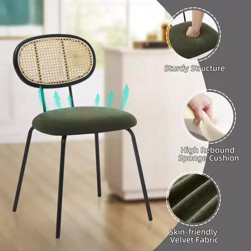 Ensemble de 2 chaises de salle à manger Rembourrées en velours Pieds en métal robustes Dossier en osier Idéales pour les salons et les zones de réception