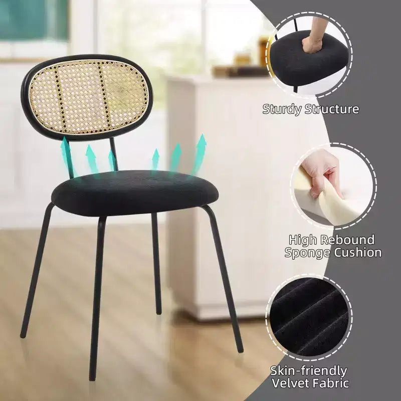 Ensemble de 2 chaises de salle à manger Rembourrées en velours Pieds en métal robustes Dossier en osier Idéales pour les salons et les zones de réception