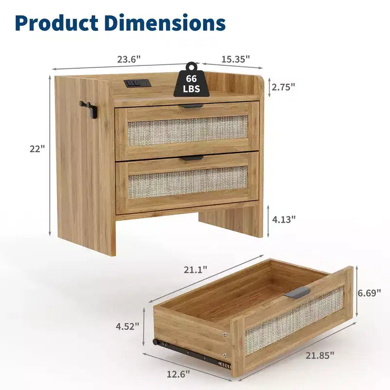 Table de chevet en bois GustoWave, table de chevet bohème en rotin avec 2 tiroirs, table d'appoint de chambre à coucher