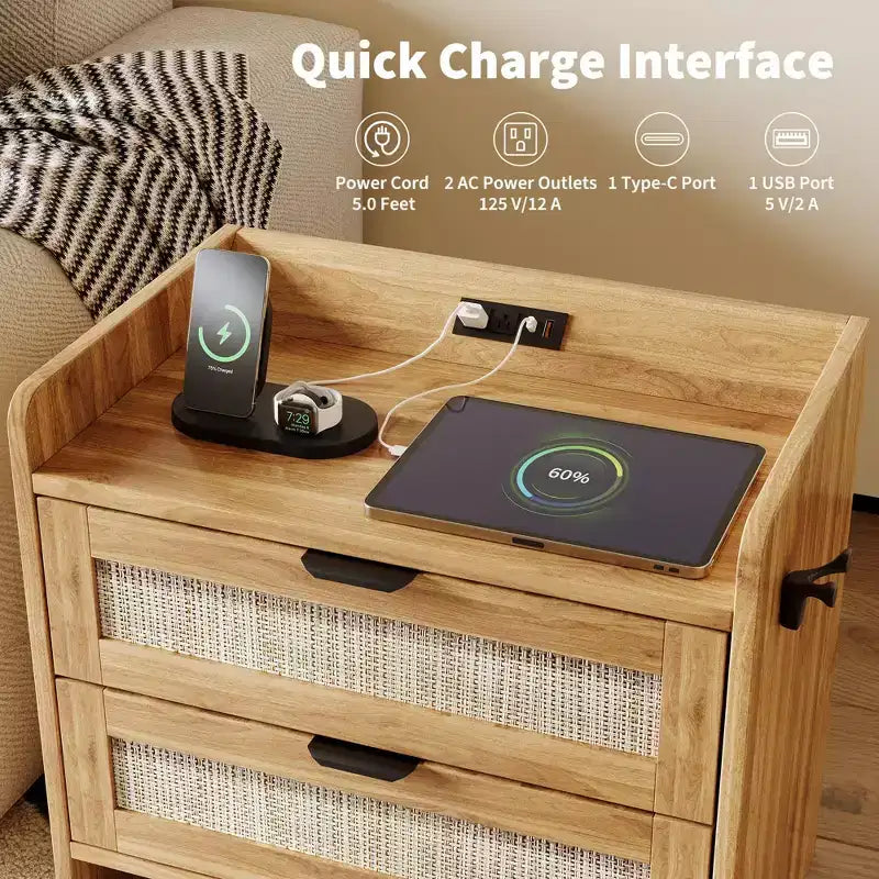 Table de chevet en bois GustoWave, table de chevet bohème en rotin avec 2 tiroirs, table d'appoint de chambre à coucher