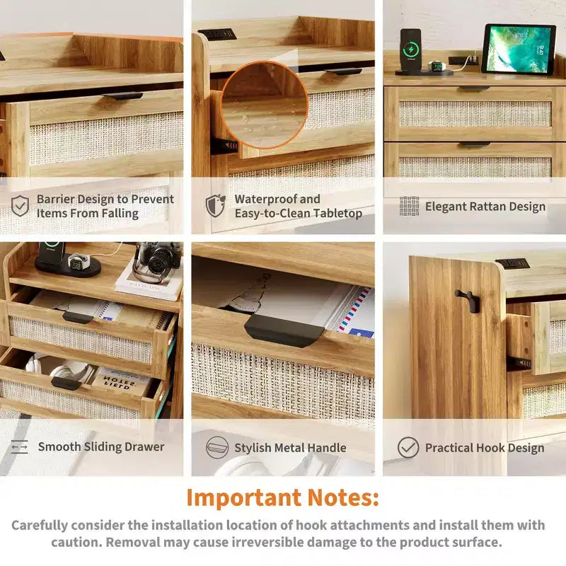 Table de chevet en bois GustoWave, table de chevet bohème en rotin avec 2 tiroirs, table d'appoint de chambre à coucher