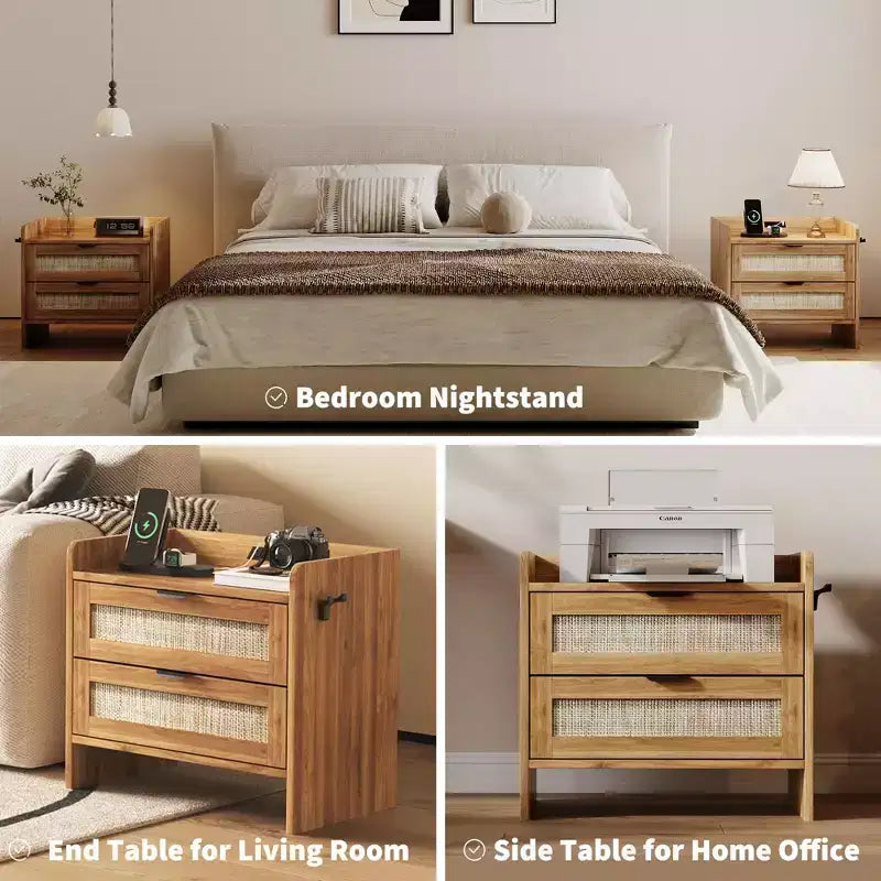Table de chevet en bois GustoWave, table de chevet bohème en rotin avec 2 tiroirs, table d'appoint de chambre à coucher