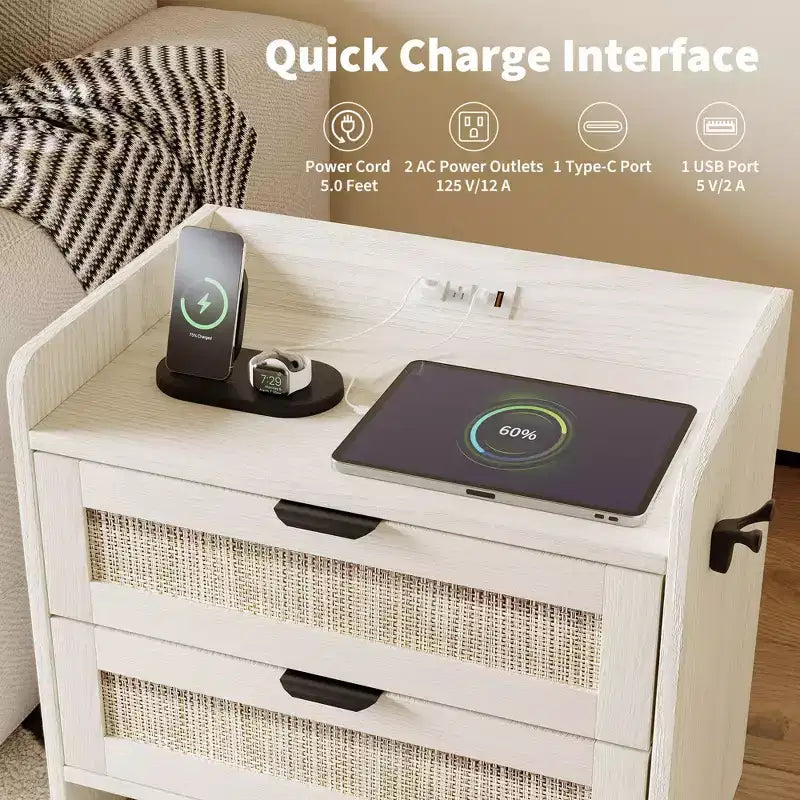 Table de chevet en bois GustoWave, table de chevet bohème en rotin avec 2 tiroirs, table d'appoint de chambre à coucher