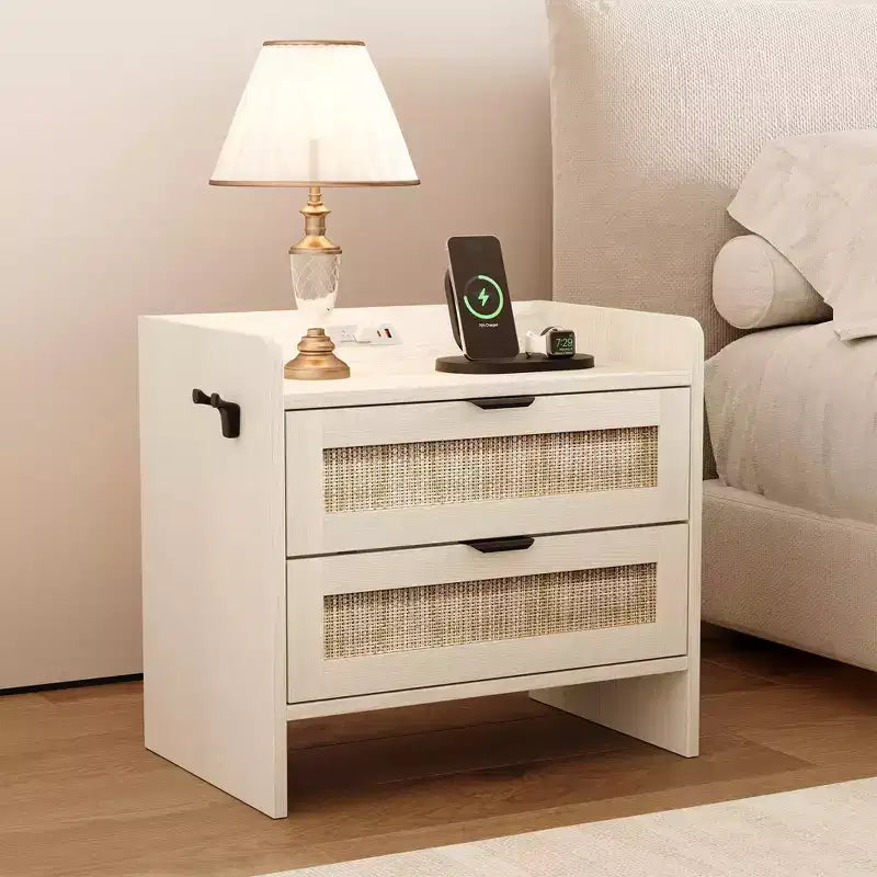 GustoWave Wood Nightstand, Rattan Boho Bedside Table with 2 Drawers, Bedroom End Table