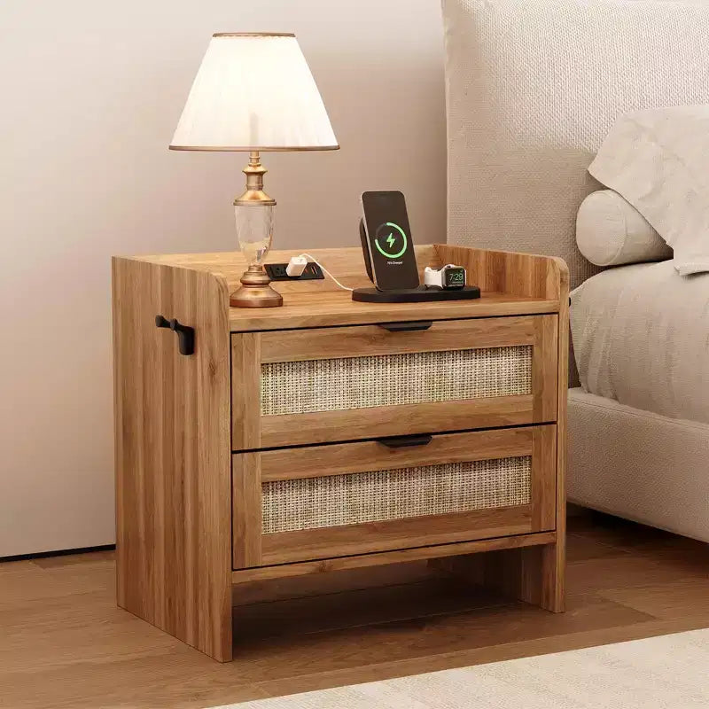 Table de chevet en bois GustoWave, table de chevet bohème en rotin avec 2 tiroirs, table d'appoint de chambre à coucher