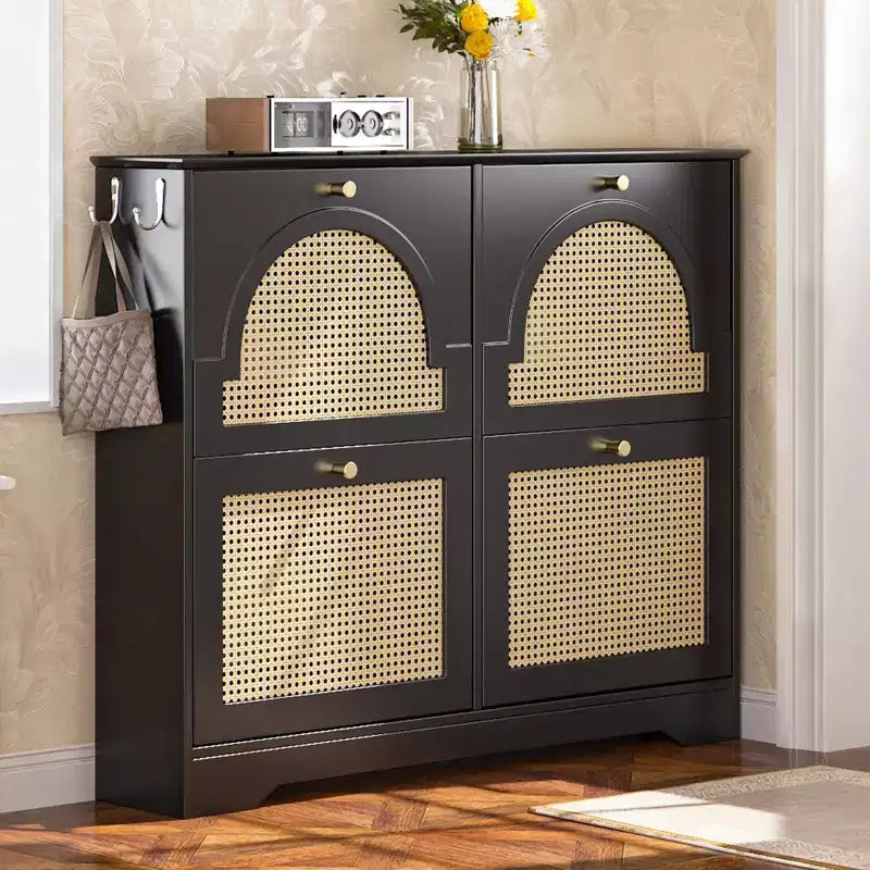 Okak Mid-Century Narrow Rattan Shoe Cabinet Side Board with 4 Flip Drawers,Freestanding Shoe Rack for Corridors, Entrances