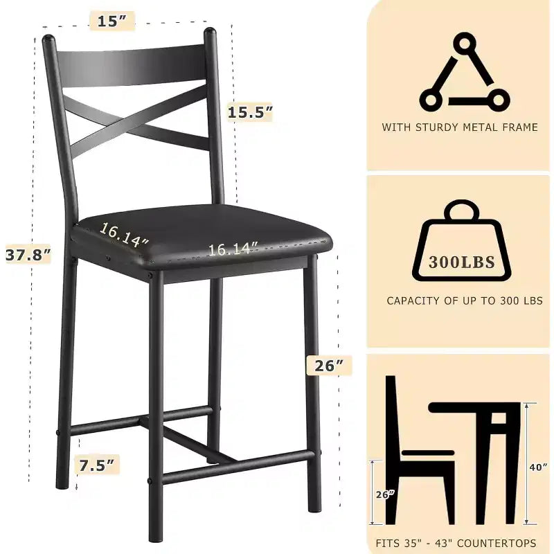 Bar Stools Set, Upholstered Kitchen Bar Stools with Backrest & Footrest, Counter Height Barstools with Thick Cushion for Kitchen Island Counter Bar