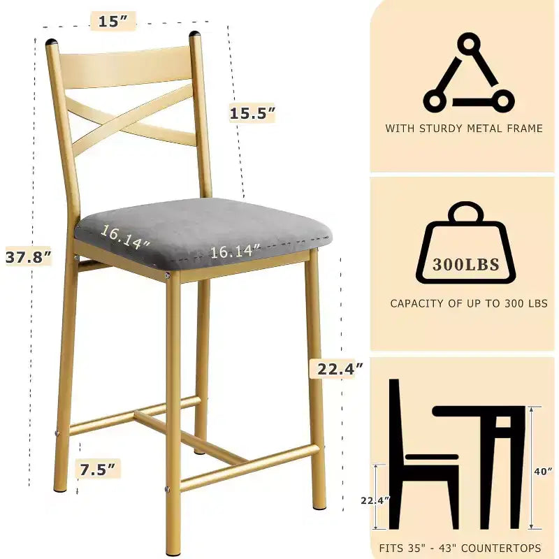 Bar Stools Set, Upholstered Kitchen Bar Stools with Backrest & Footrest, Counter Height Barstools with Thick Cushion for Kitchen Island Counter Bar