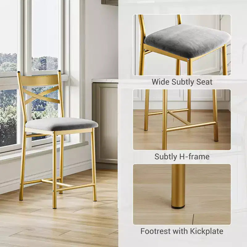 Bar Stools Set, Upholstered Kitchen Bar Stools with Backrest & Footrest, Counter Height Barstools with Thick Cushion for Kitchen Island Counter Bar