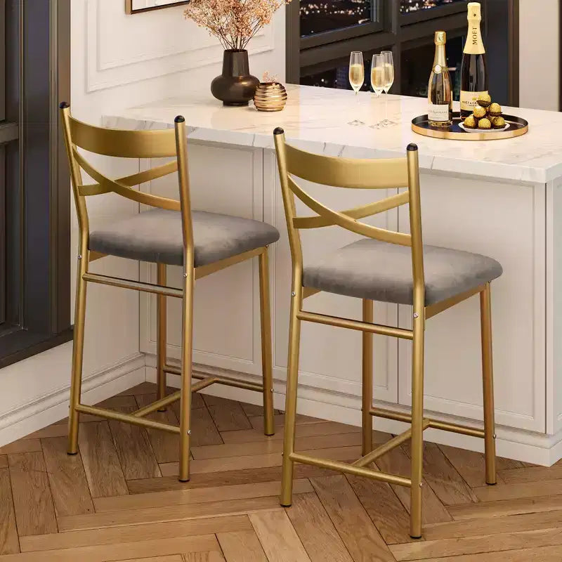 Bar Stools Set, Upholstered Kitchen Bar Stools with Backrest & Footrest, Counter Height Barstools with Thick Cushion for Kitchen Island Counter Bar