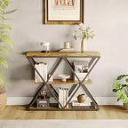 Console étroite industrielle pour table de canapé d'entrée derrière le canapé Cadre en forme de X Tables d'appoint rustiques en bois avec étagères de rangement pour le couloir