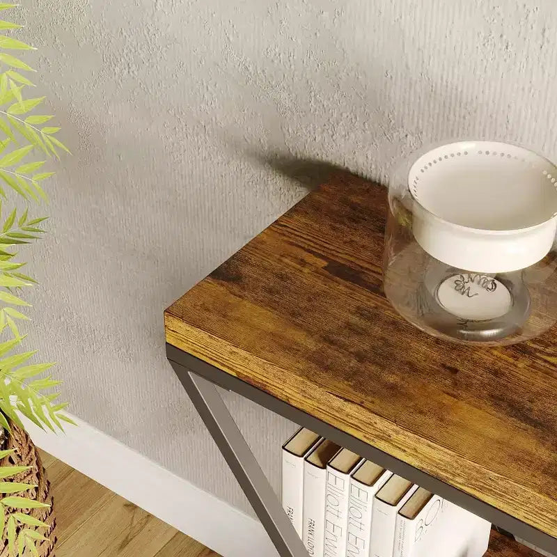 Console étroite industrielle pour table de canapé d'entrée derrière le canapé Cadre en forme de X Tables d'appoint rustiques en bois avec étagères de rangement pour le couloir