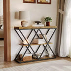Console étroite industrielle pour table de canapé d'entrée derrière le canapé Cadre en forme de X Tables d'appoint rustiques en bois avec étagères de rangement pour le couloir