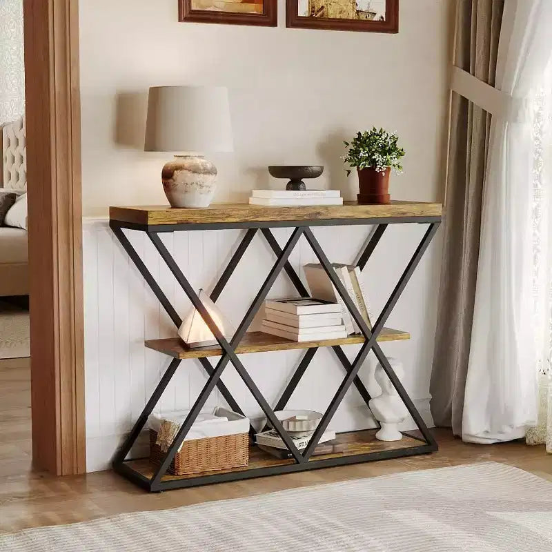 Console étroite industrielle pour table de canapé d'entrée derrière le canapé Cadre en forme de X Tables d'appoint rustiques en bois avec étagères de rangement pour le couloir