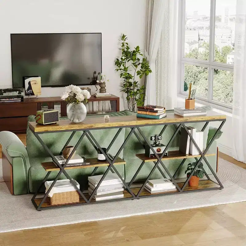 Console étroite industrielle pour table de canapé d'entrée derrière le canapé Cadre en forme de X Tables d'appoint rustiques en bois avec étagères de rangement pour le couloir