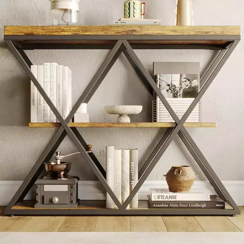 Console étroite industrielle pour table de canapé d'entrée derrière le canapé Cadre en forme de X Tables d'appoint rustiques en bois avec étagères de rangement pour le couloir