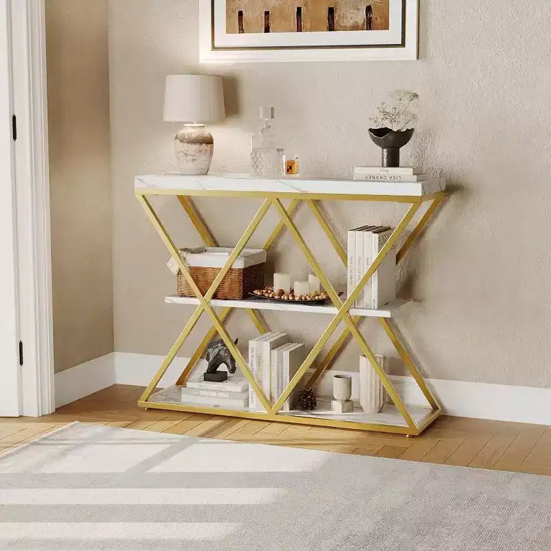 Console étroite industrielle pour table de canapé d'entrée derrière le canapé Cadre en forme de X Tables d'appoint rustiques en bois avec étagères de rangement pour le couloir