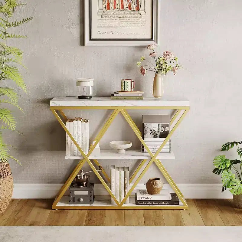 Console étroite industrielle pour table de canapé d'entrée derrière le canapé Cadre en forme de X Tables d'appoint rustiques en bois avec étagères de rangement pour le couloir