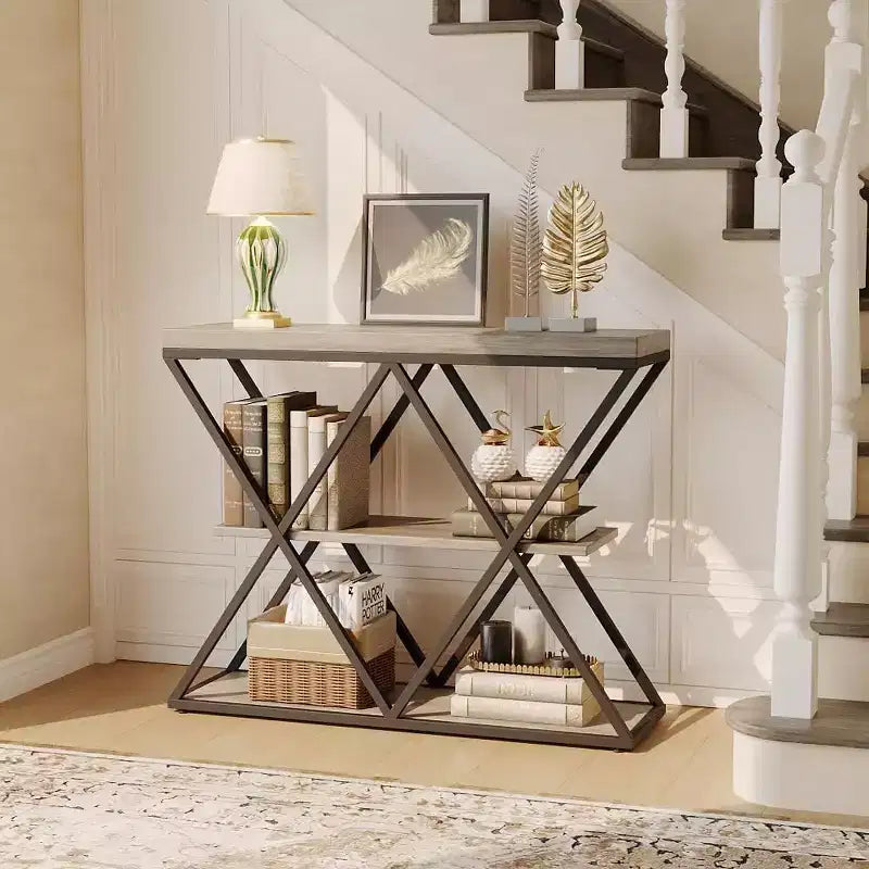 Console étroite industrielle pour table de canapé d'entrée derrière le canapé Cadre en forme de X Tables d'appoint rustiques en bois avec étagères de rangement pour le couloir