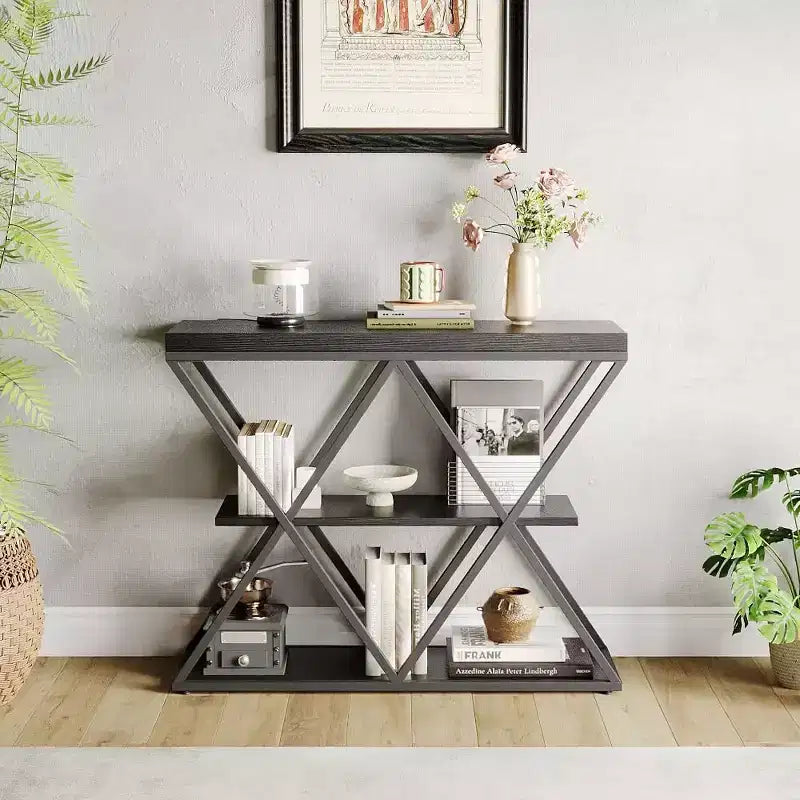 Console étroite industrielle pour table de canapé d'entrée derrière le canapé Cadre en forme de X Tables d'appoint rustiques en bois avec étagères de rangement pour le couloir