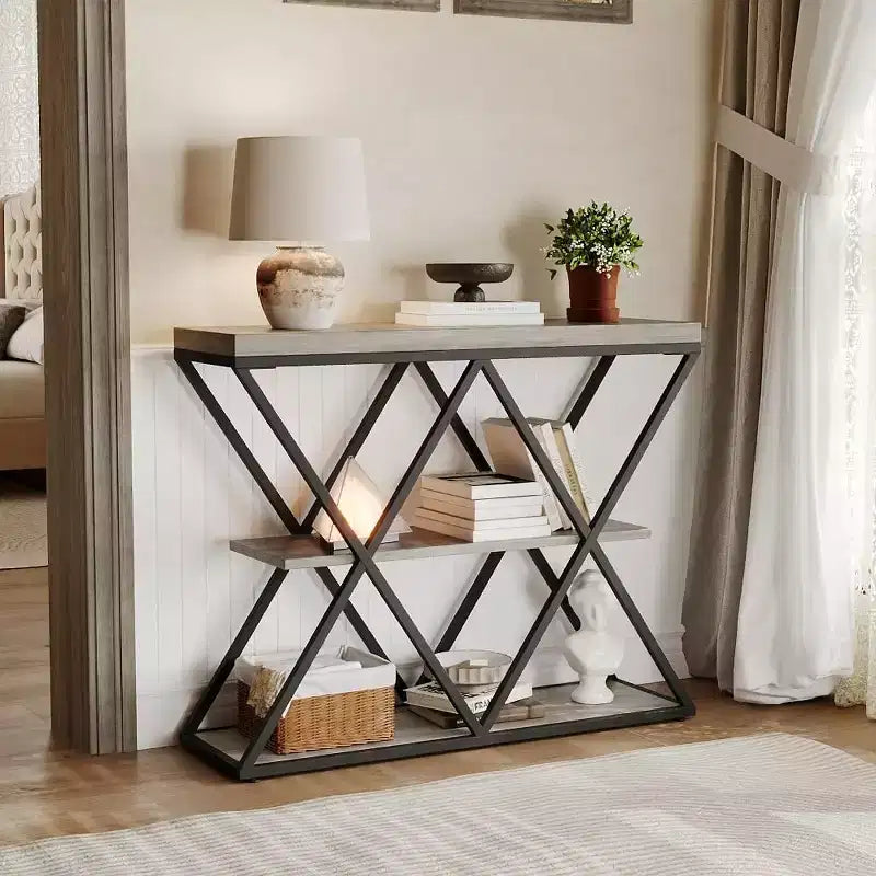 Console étroite industrielle pour table de canapé d'entrée derrière le canapé Cadre en forme de X Tables d'appoint rustiques en bois avec étagères de rangement pour le couloir