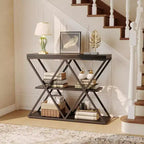 Console étroite industrielle pour table de canapé d'entrée derrière le canapé Cadre en forme de X Tables d'appoint rustiques en bois avec étagères de rangement pour le couloir