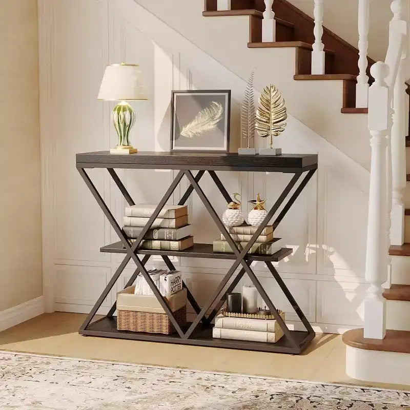 Console étroite industrielle pour table de canapé d'entrée derrière le canapé Cadre en forme de X Tables d'appoint rustiques en bois avec étagères de rangement pour le couloir