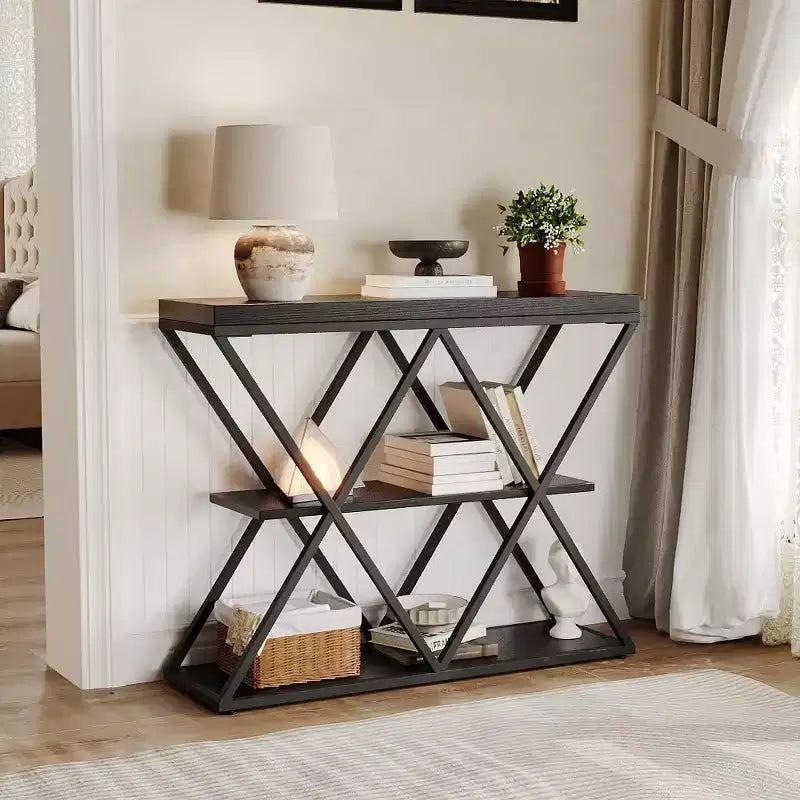 Console étroite industrielle pour table de canapé d'entrée derrière le canapé Cadre en forme de X Tables d'appoint rustiques en bois avec étagères de rangement pour le couloir