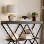 Console étroite industrielle pour table de canapé d'entrée derrière le canapé Cadre en forme de X Tables d'appoint rustiques en bois avec étagères de rangement pour le couloir