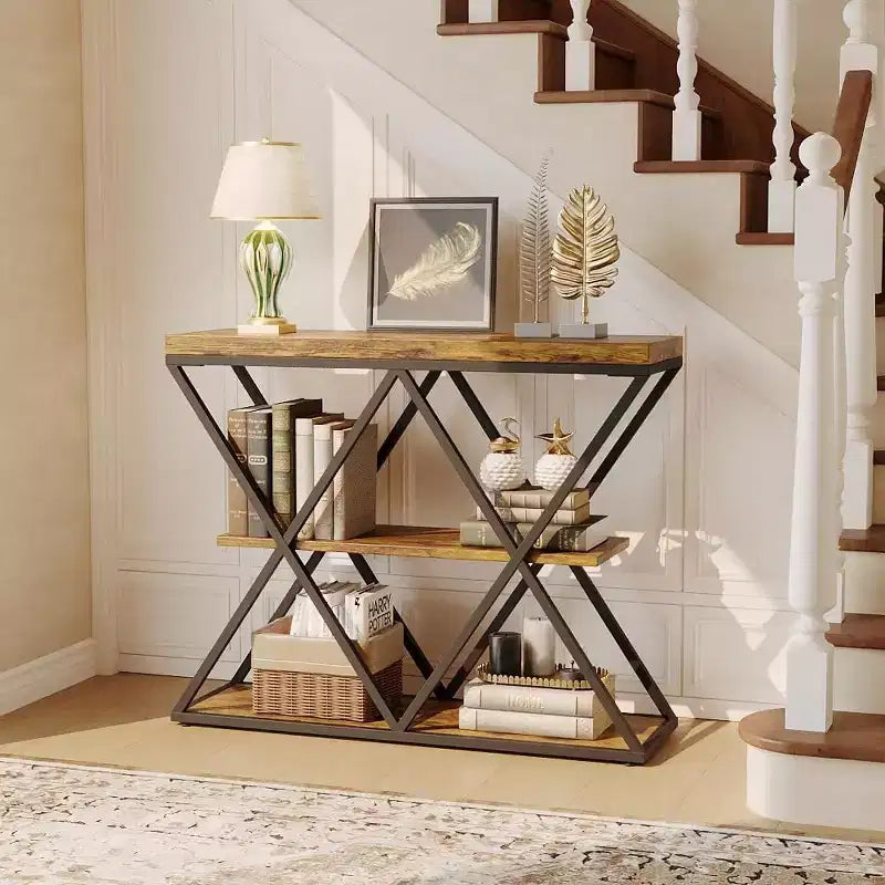 Console étroite industrielle pour table de canapé d'entrée derrière le canapé Cadre en forme de X Tables d'appoint rustiques en bois avec étagères de rangement pour le couloir