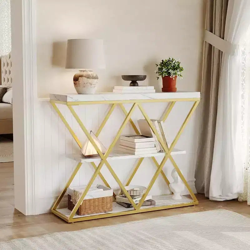 Console étroite industrielle pour table de canapé d'entrée derrière le canapé Cadre en forme de X Tables d'appoint rustiques en bois avec étagères de rangement pour le couloir