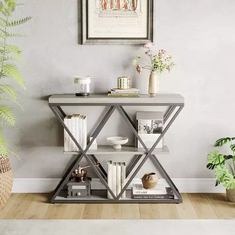 Console étroite industrielle pour table de canapé d'entrée derrière le canapé Cadre en forme de X Tables d'appoint rustiques en bois avec étagères de rangement pour le couloir