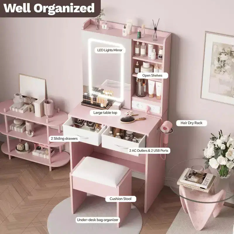 Makeup Vanity Desk with Mirror and Lights, Vanity Table Set with Charging Station, Dressing Table with Stool, 2 Drawers, Power Outlets & USB Ports