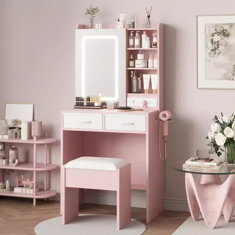 Makeup Vanity Desk with Mirror and Lights, Vanity Table Set with Charging Station, Dressing Table with Stool, 2 Drawers, Power Outlets & USB Ports