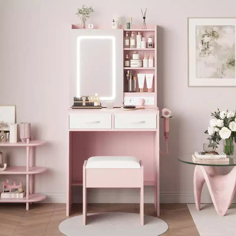 Makeup Vanity Desk with Mirror and Lights, Vanity Table Set with Charging Station, Dressing Table with Stool, 2 Drawers, Power Outlets & USB Ports