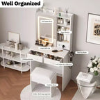 Makeup Vanity Desk with Mirror and Lights, Vanity Table Set with Charging Station, Dressing Table with Stool, 2 Drawers, Power Outlets & USB Ports