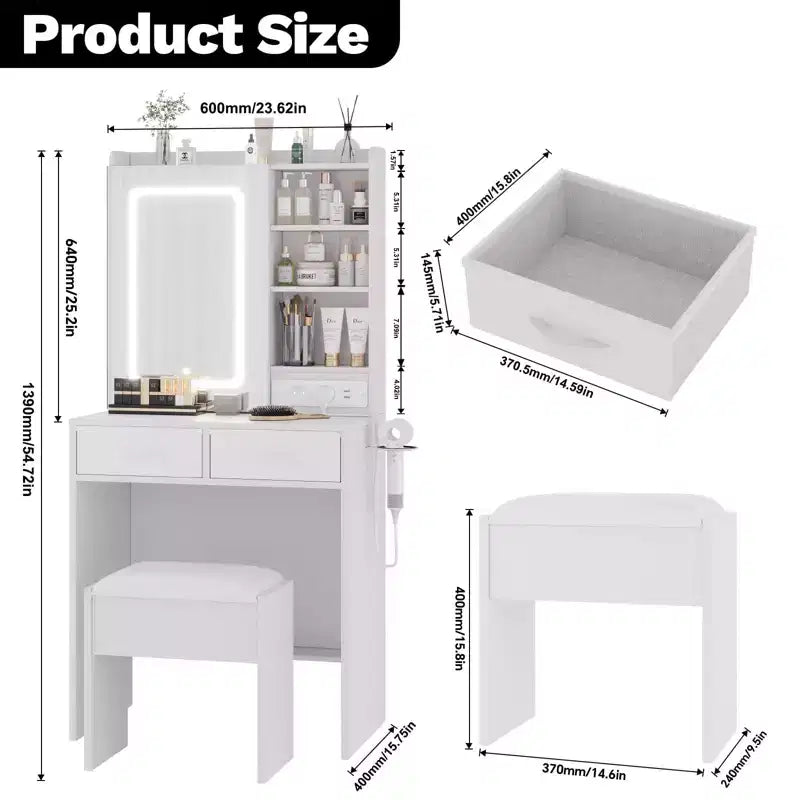 Makeup Vanity Desk with Mirror and Lights, Vanity Table Set with Charging Station, Dressing Table with Stool, 2 Drawers, Power Outlets & USB Ports