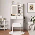 Makeup Vanity Desk with Mirror and Lights, Vanity Table Set with Charging Station, Dressing Table with Stool, 2 Drawers, Power Outlets & USB Ports